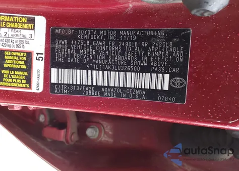 2020 Toyota Camry Le z USA, uszkodzony, nr VIN 4T1L11AK3LU326500